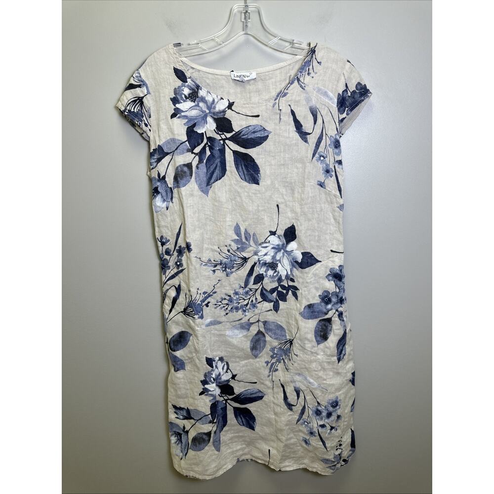 Linen Luv Linen Dress S Cream Blue Floral Pockets Cottagecore Made In Italy